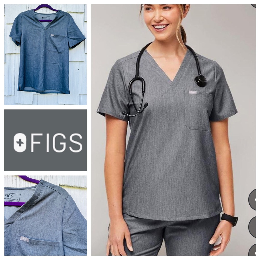 FIGS Catarina One-Pocket Scrub Top Graphite Heather Gray V-Neck FW1000 Womens M